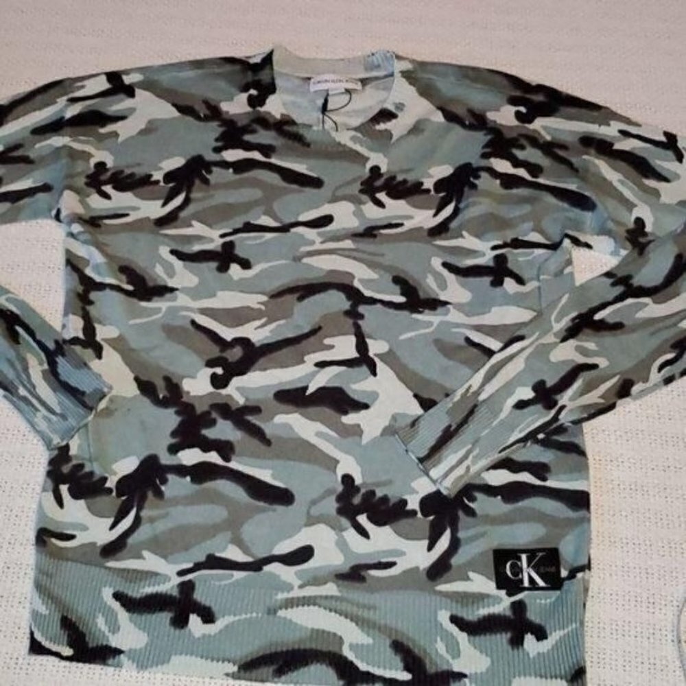 Calvin Klein Jeans Womens Blue Camouflage Crewneck Logo Sweater XS New